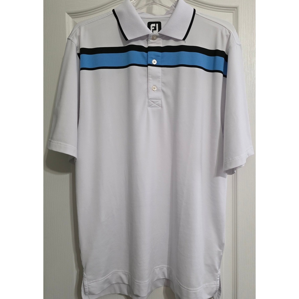 FootJoy Golf Polo Men Medium White Striped Performance Shirt Short‎ Sleeve FJ